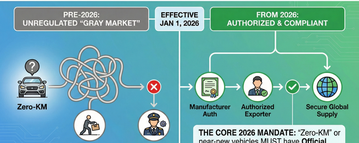 Infographic comparing the old gray market vs the new 2026 China auto export policy. Shows the 180-day rule timeline and the requirement for manufacturer authorization for compliant EV exports. portauto