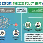 Infographic comparing the old gray market vs the new 2026 China auto export policy. Shows the 180-day rule timeline and the requirement for manufacturer authorization for compliant EV exports. portauto