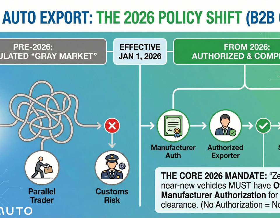 Infographic comparing the old gray market vs the new 2026 China auto export policy. Shows the 180-day rule timeline and the requirement for manufacturer authorization for compliant EV exports. portauto